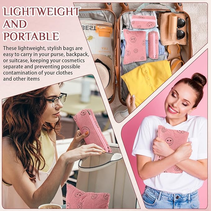 Huhumy 3 Pcs Makeup Bag Set for Women Corduroy Cosmetic Pouch Aesthetic Smile Travel Toiletry Bag Cute Purse Pouch Pencil Case Makeup Brushes Storage Organizer with Zipper(Pink,Smile Face)