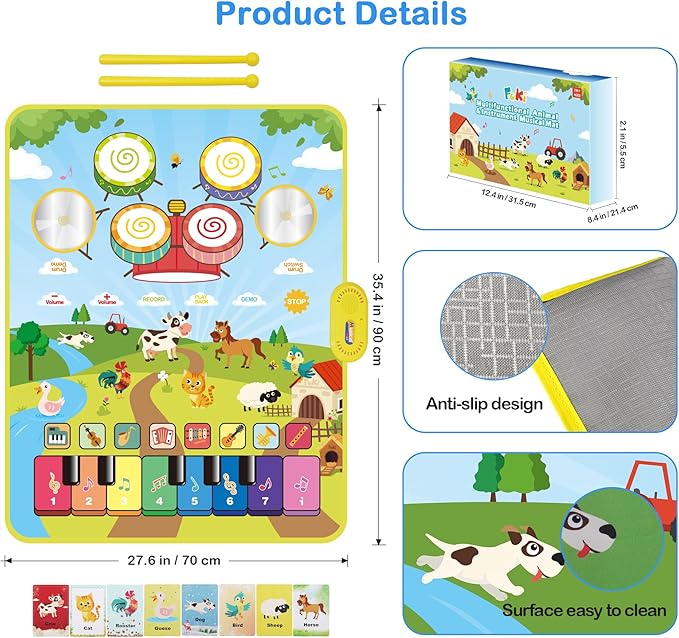 FOKI Piano Mats, 3-in-1 Animal Musical Play Mat with Piano & Drum for Montessori Sensory Early Educational Musical Learning Toys, Ideal Birthday Toy for Baby Girls, Boys, Toddlers, Ages 1-5 Years Old