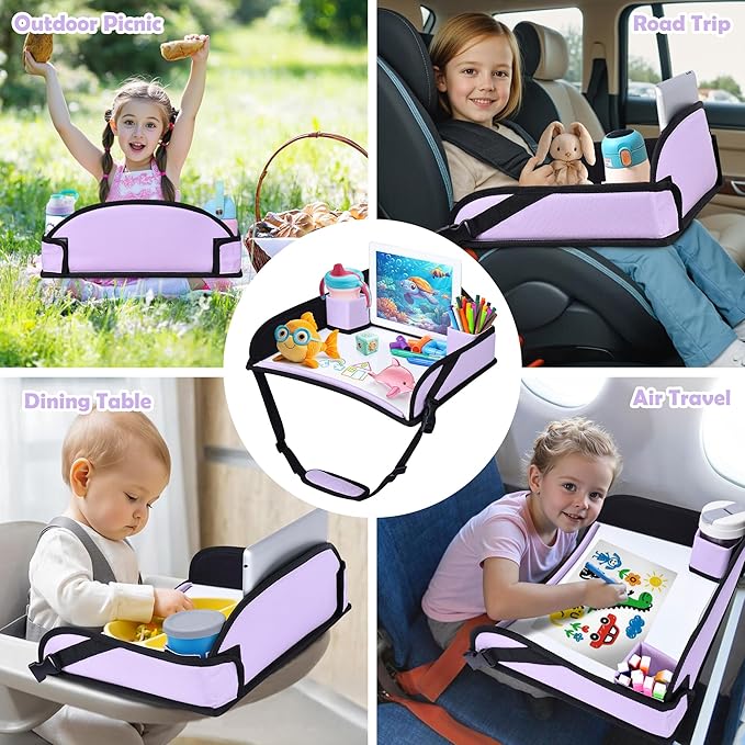 Kids Travel Tray for Toddler Carseat, Road Trip Activities Essentials for Toddler, Kids Lap Desk Tray with Tablet Holder Stand & Dry Erase Board (Purple)
