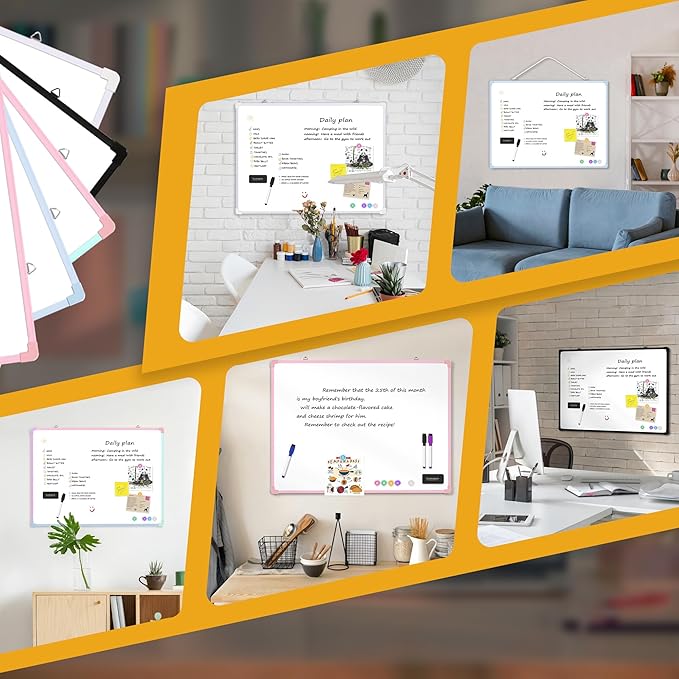 Dry Erase Board for Wall, 24" x 18" Double-Sided Hanging Magnetic Whiteboard with 6 Markers, 6 Magnets and 3 Mini Sticky Notes, Large White Board for School, Home, Office, Pink Frame
