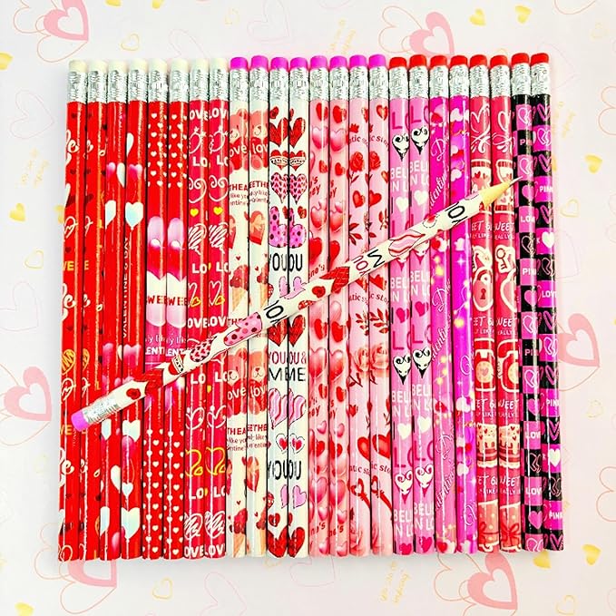 72PCS Valentine Wooden cased Pencils for Kids with Erasers, Wood Wedding Golf Pencils for School,Drawing,Gift (72PCS, Valentine's Day)