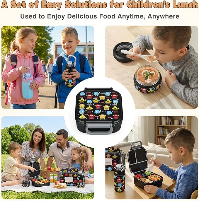 Bento Lunch Box for Kids with 7oz Soup Thermo,Insulated Stainless Steel Kids Water Bottle with Straw and Insulated Lunch Bag,Leak-Proof Lunch Food Container with Ice Pack for School (Black-Cute)