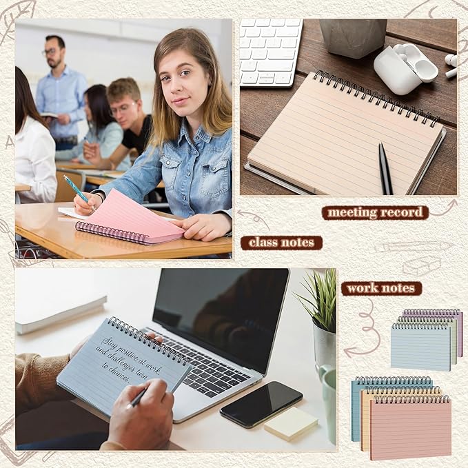 12 Pcs Large Index Cards with Ring Set 4x6 Colored Ruled Notecards with Waterproof Covers Spiral Flashcards for Studying, Learning, College, School, Office, Home Supplies(Retro)