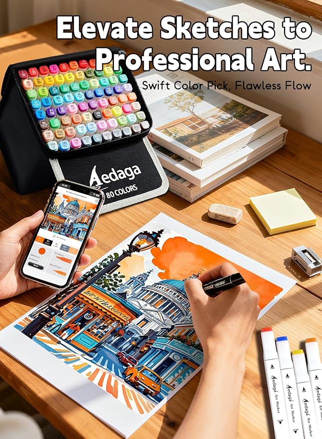 YHC 200 Colors Alcohol Markers with Free APP, Alcohol-Based Dual Chisel & Fine Tips Markers with Kickstand Case for Adult Coloring, Drawing, Painting and Sketching, Great Gift Idea for Artists