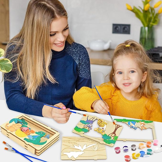 Vileafy 3D Wooden Painting Craft Kits for Kids 4-8 – DIY Arts & Crafts with Dinosaur, Ocean & Jungle Animals – Includes Individual Paints & Brushes for Party Favors and Gifts(3)