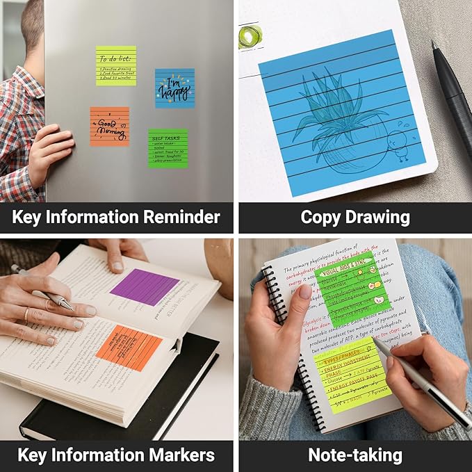 EUSOAR Translucent Sticky Notes, 300 Sheets 3x3 Inch PET Lined Sticky Notes Tabs for Folders Neon 6 Colors, Translucent Bible Page Flags Stickers Note Pads for Book Annotation Making to-do Lists