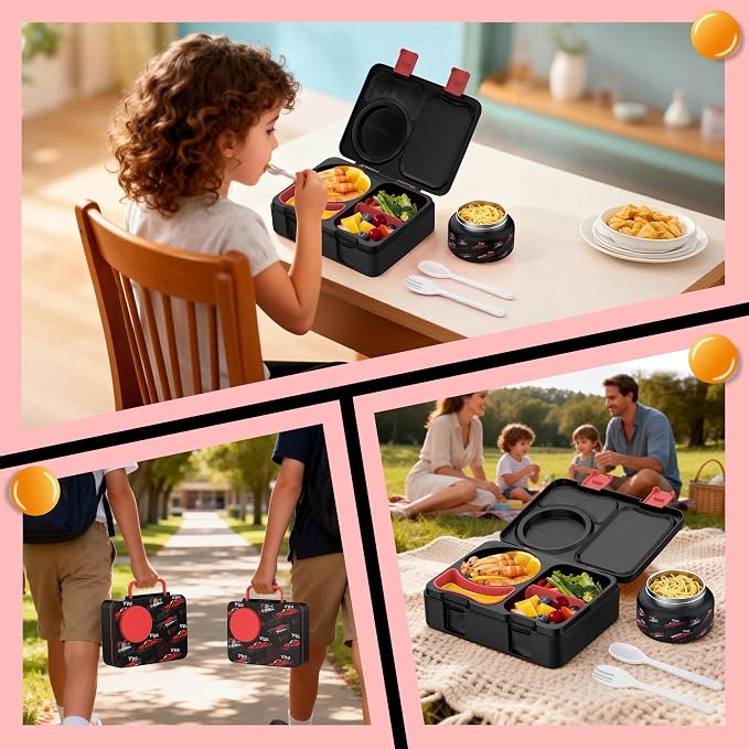 Kids Insulated Lunch Box with 8OZ Thermo Food Jar | Leakproof Bento Box with Ice Pack Sauce Cup Utensils Removable Tray & Dividers for School Daycare Travel, Racing Cars