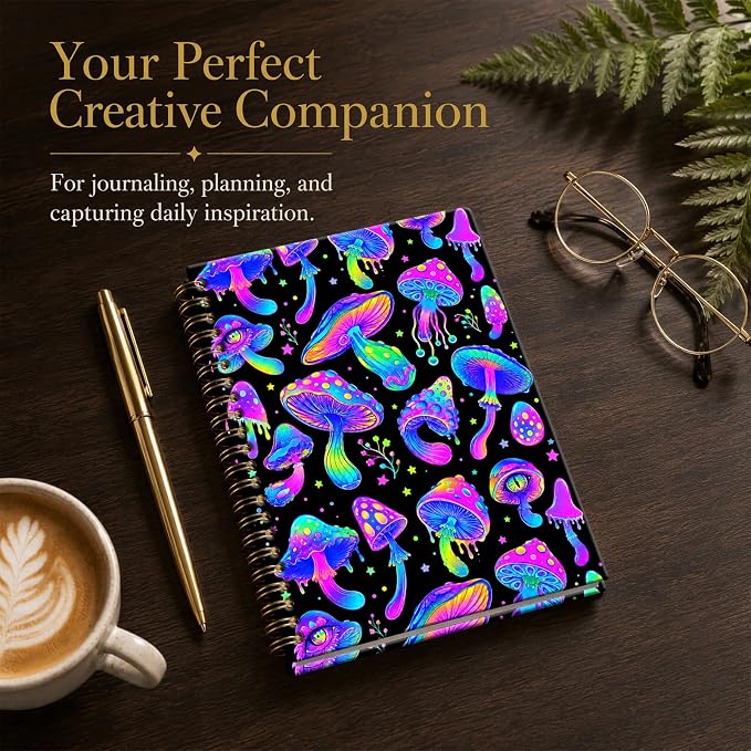 ATJFKIXL Cute Spiral Journal Notebook, A5 120 Page College Ruled Wirebound Notebook, Soft Cover for Students Office Notes and Planning - Black Neon Mushroom