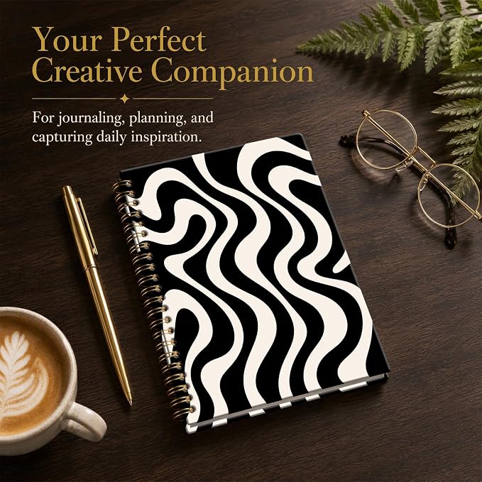 ATJFKIXL Cute Spiral Journal Notebook, A5 120 Page College Ruled Wirebound Notebook, Soft Cover for Students Office Notes and Planning - Black White Wave