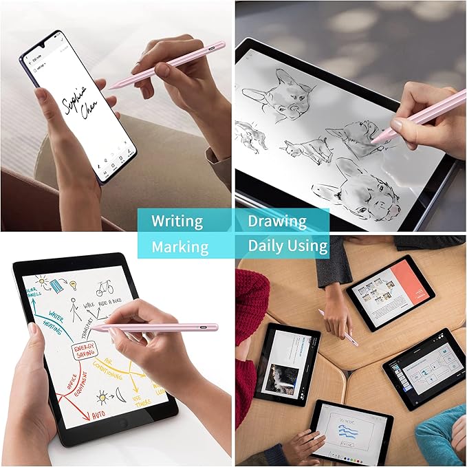 DRYMOKINI Stylus Pen, Active Stylus Pen Touch Screens Compatible for Android and iOS Tablet/Phones, Rechargeable Universal Stylus Pencil Compatible for A-pple/i-Pad/Phone Tablet, Pink