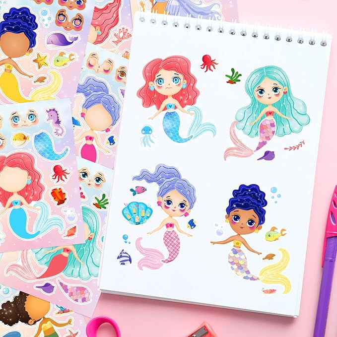 24 Sheets 8.27''×5.9'' Make Your Own Mermaid Stickers for Kids Toddlers, Make a Face Stickers for Kids Party Favors Activities