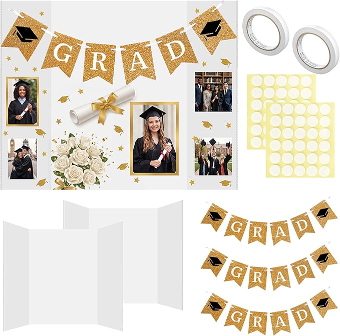 Eaasty 4 Pack Graduation Photo Display Board Decoration 48 X36 Inch Trifold Poster Board with Banners Large Trifold Picture Display for Table Decor Class of 2026 Grad Party Collage Frame Supplies