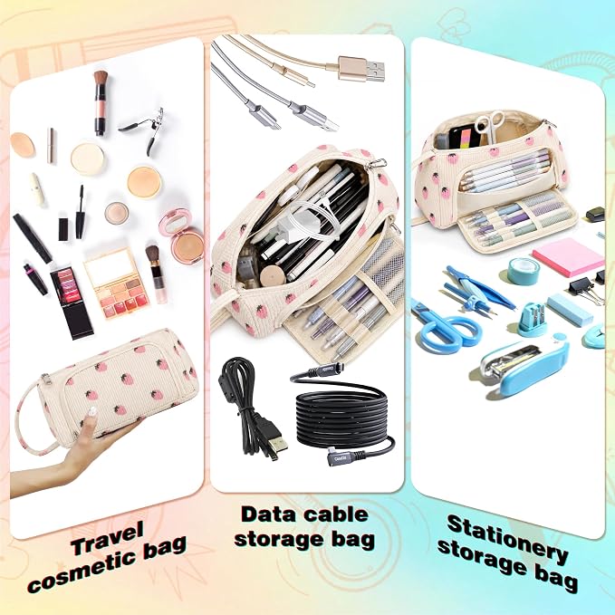 Big Capacity Pencil case,Soft Corduroy Pencil Bag with 3 Compartment Pouch Bag for School Supplies Office for Teen Girls Boys Women Man (Pink Strawberry)