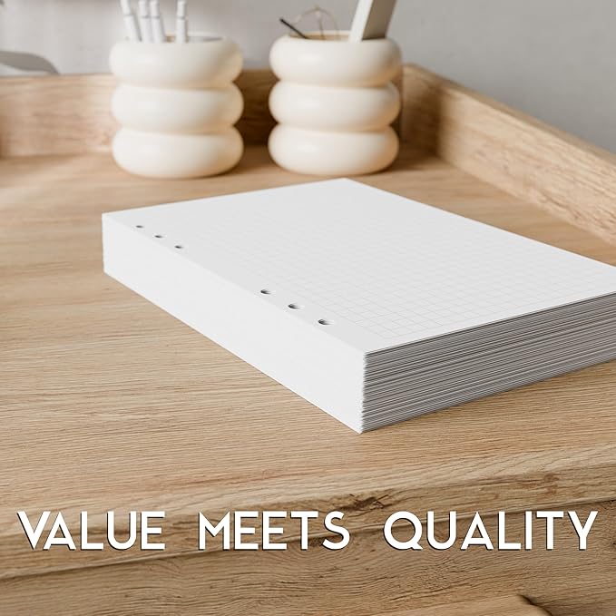 A5 Graph Paper Refill, 6-Hole Punched, Quad Ruled, 120GSM, 200 Sheets (400 Pages), 5.83 x 8.27 inches, 1/4 Inch Squares for 6-Ring Planner Binders
