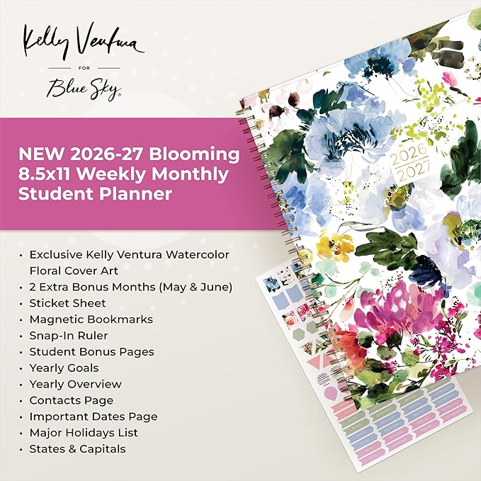 Blue Sky Kelly Ventura 2026-2027 Weekly and Monthly Academic Year Student Planning Calendar, July 2026 - June 2027, 8.5" x 11", Flexible Cover, Wirebound, Laminated Tabs, Storage Pocket, Magnetic & Snap In Book Marks, Includes Stickers, Blooming