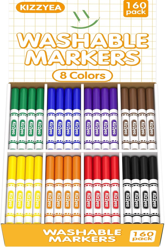 KIZZYEA Washable Markers Bulk, Markers for Kids, 8 Assorted Colors, 160 Count, Broad Line Marker for School, Student Art Supplies & Back to School Crafts, Classroom Essentials for Teachers