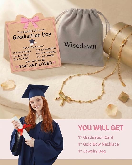 Gold Bow Necklace with Card, Graduation/16th/Back to Shool Gifts for Girl - You Are Enough and Loved