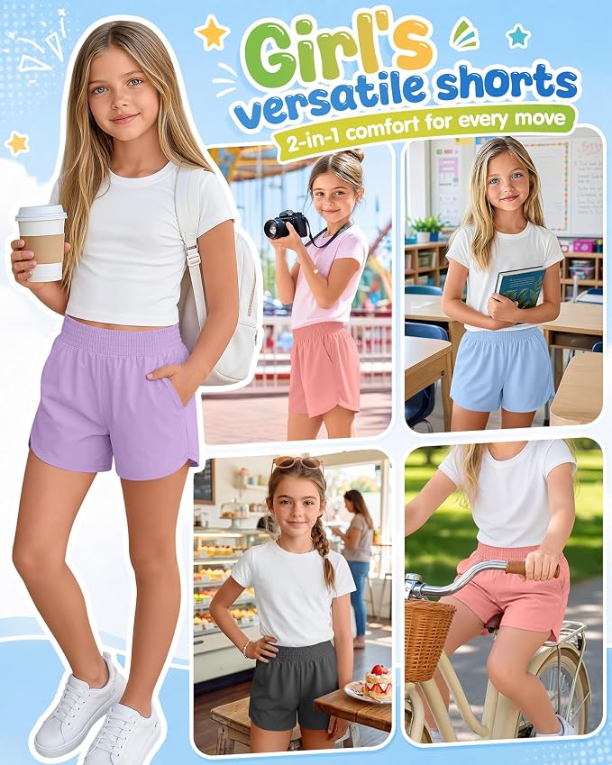 4 Pack Girls Athletic Shorts 2 in 1 Quick Dry High Waist Tween Shorts with Liner Kids Back to School Running Shorts
