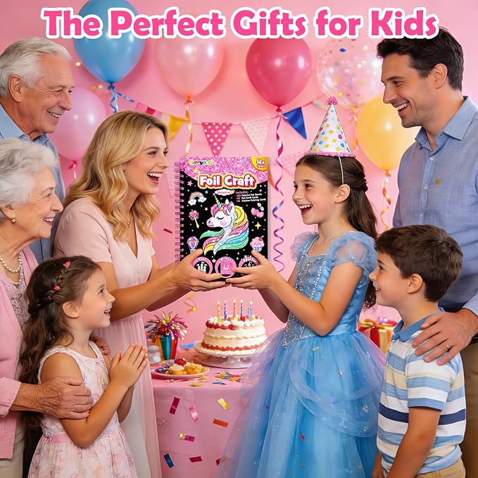 FUNNYB&G Foil Art Craft Kit for Girls 4-10 Years Old: Mess-Free & No-Glue, Create 16 Sparkly Unicorns Pictures – Perfect Travel Toy & Birthday Gift for Kids(Unicorns)