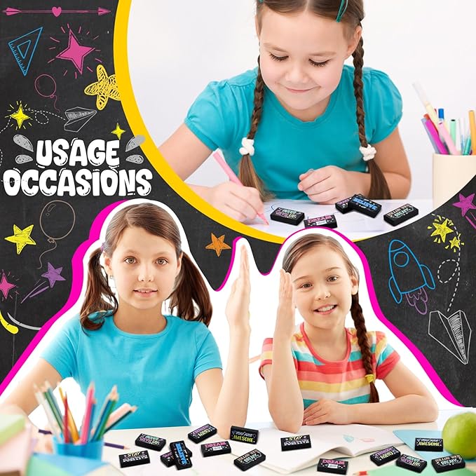 Dunzoom 100 Pcs End of Year Inspirational Pencil Erasers Bulk for Kids Back to School Fun Motivational Eraser School Office Supplies for Students Classroom Office Teacher Artists(Colorful Chalkboard)