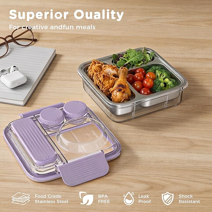 Stainless Steel Bento Lunch Box for Kids Adults with 8oz Insulated Food Jar,Ice Pack,Leak-proof,Dishwasher-Safe,Transparent Lid with Sauce Cup and Cutlery Storage for School & Travel,BPA-Free(Purple)