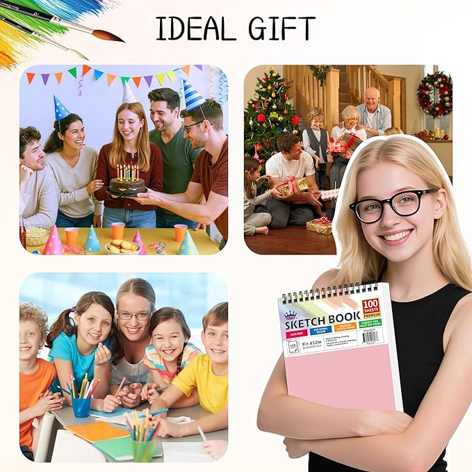 WINNER 9" x 12" Sketch Book 4 Pack, 400 Sheets Spiral Bound Art Sketchbook, 68lb/100gsm White Acid Free Drawing Pad, Sketching Drawing Writing Sketch Pad for Kids, Adults, Art Supplies, Pink