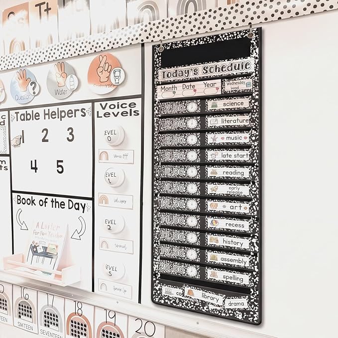 Gueevin Composition Book Daily Schedule Pocket Chart & Card Set Include 1 Hanging Chart with 24 Pockets 2 Metal Hooks 60 Schedule & Activity Cards Reusable Calendar for Kindergarten Daycare Decor
