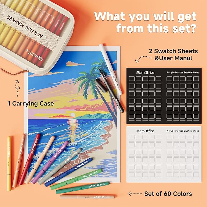MemOffice Direct Liquid Acrylic Paint Markers, 60 Colors Brush Tip Pens with Carrying Case, No Bleed, Waterproof, for Rock, Wood, Canvas, Glass, Fabric, DIY Crafts for Adults
