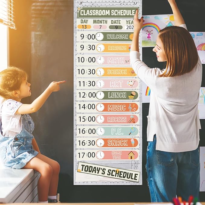 MotiMind Daily Schedule Pocket Chart for Classroom, Calendar Pocket Chart 13+1 Pockets, 21 Reusable Cards for Classroom School 13" x 36" (Bright Color,Retro)