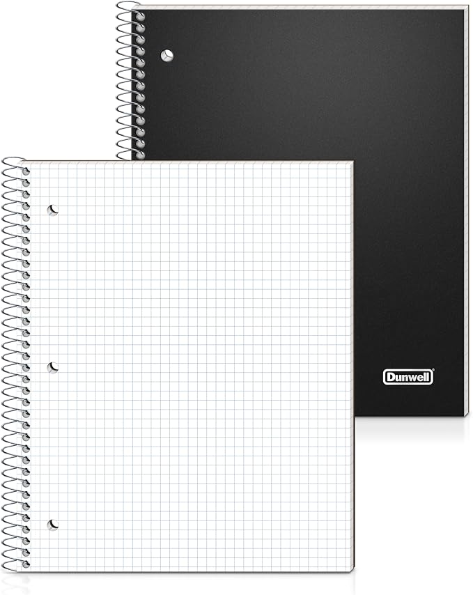Dunwell Graph Paper Notebook 8.5 x 11, Plastic Cover, 80 Sheets, 4x4 Ruled, 1 Subject Spiral 1/4 Inch Grid Graphing Notebook, Divider with Pockets, Perforated Pages, 3-Hole Punched
