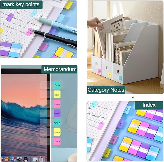 Golcellia 400 Pieces, 4-Colors Sticky Index Tabs Transparent Sticky Notes, Colored Page Markers for Bookmarks, Writable and Repositionable Index Annotation Tabs
