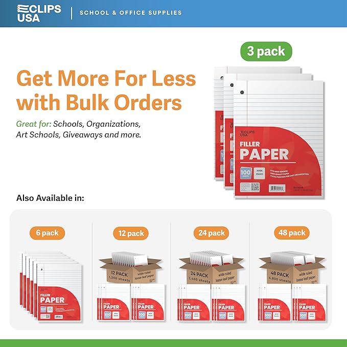 Wide Ruled Loose Leaf Paper Wide Ruled Notebook Paper Lined Writing Filler Paper 10.5” x 8” 56 gsm 300 Sheets 100 Sheet Per Pack (3 Pack)