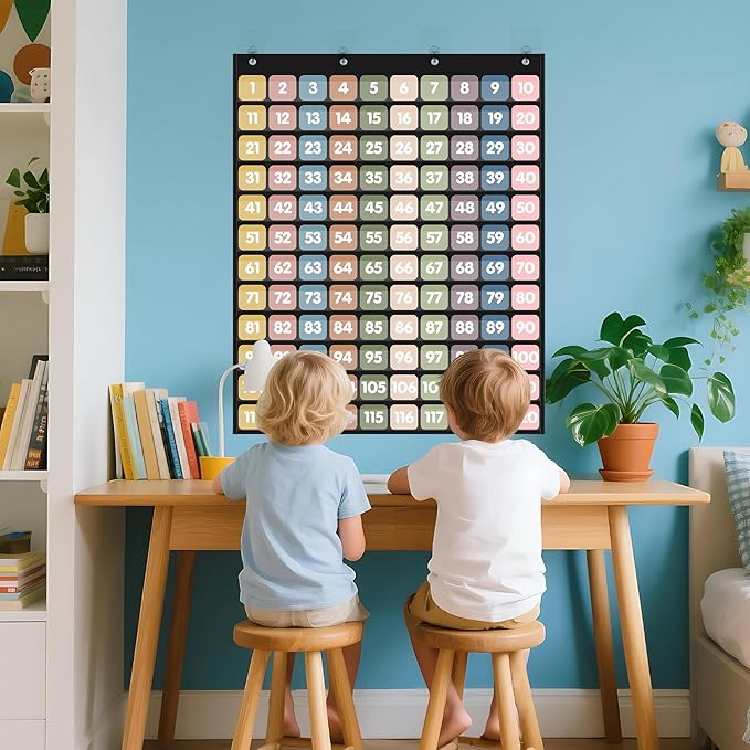 Yoink Boho Number Pockets Chart 1-120 with 135 Double-Sided Number Cards, Wall Mountable Hundred Chart for Kids Classroom Teachers Home Counting and Organizer, Black