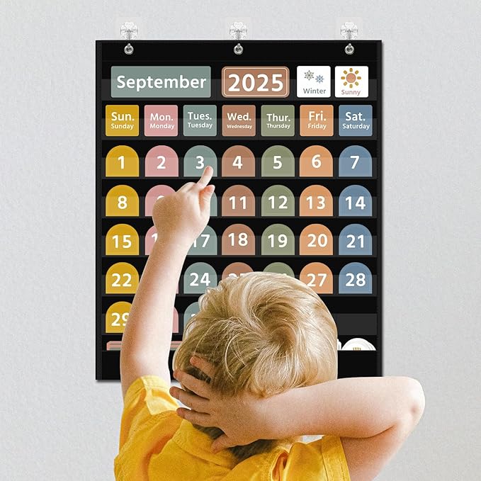 REGELETO Large Boho Calendar Pocket Chart with 96 Cards for Classroom, Size:32.25 x 24.125 inch Black Monthly Calendar and Weather Pocket Chart for Student Learning for Home or School.
