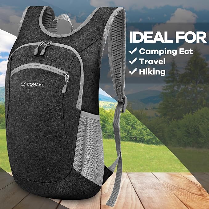 ZOMAKE Lightweight Packable Backpack, 10L Small Foldable Daypack for Hiking | Water Resistant Collapsible Backpacks for Women Men, Everyday Carry, Multi Compartment Storage, Adjustable Strap(Black)
