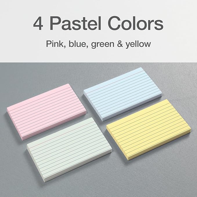 Oxford Ruled Index Cards, Lined Note Cards, Flashcards for School, 4 Assorted Pastel Colors: Pink, Blue, Green and Yellow, 3 Inch x 5 Inch, 200 Cards Per Pack (1017490)