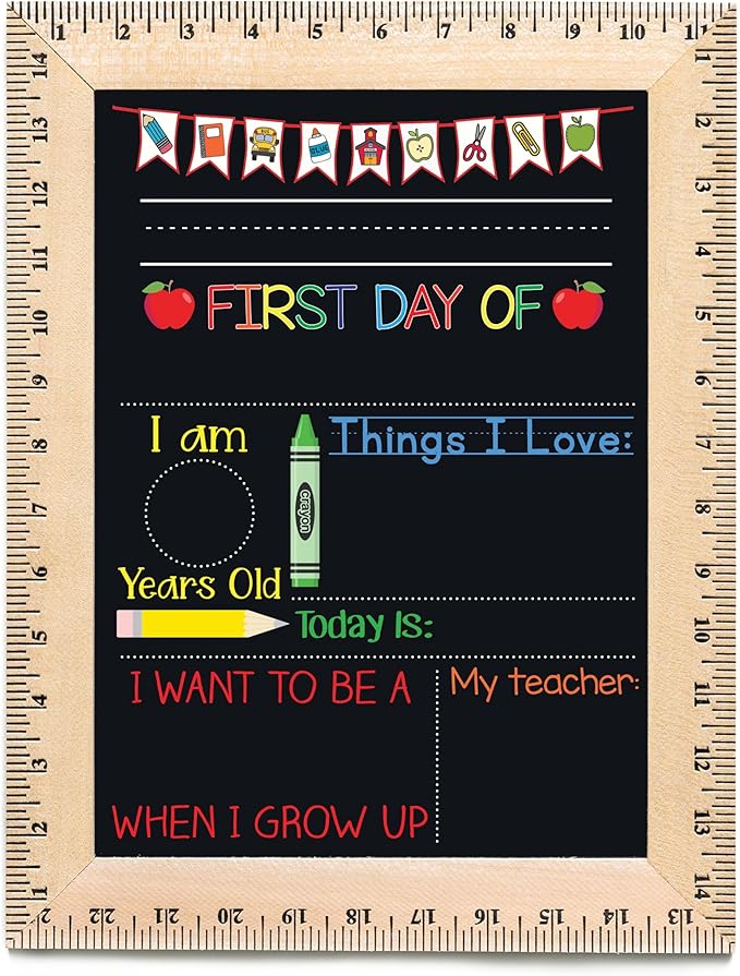 Bloom Owl First Day of School Chalkboard Sign - 11.5"x15" Reusable Back to School Photo Prop with Wooden Ruler Frame for Preschool, Kindergarten, and Beyond (Green Crayon)