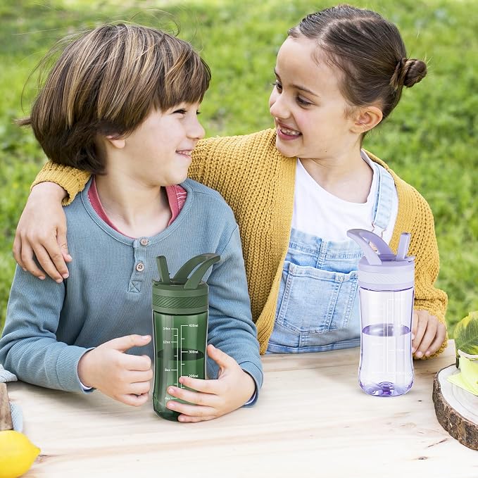 14oz Clear Kids Water Bottle with Straw Lid, BPA-Free Tritan, Measurement Scale, Sturdy Handle Wide Mouth Leak-proof Reusable Plastic Bottle for Boy& Girls, Back to School(Army Green)