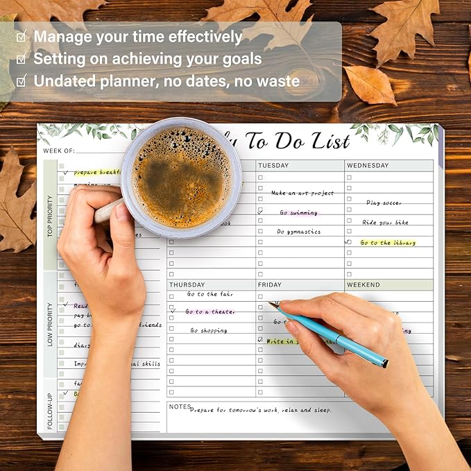 Weekly To Do List Notepad - 52 Undated Glue Bound Tear-Off Sheets (8.5"x11") for Desk Planning | Home, Work & School Organization Pad for Women & Men (Green)