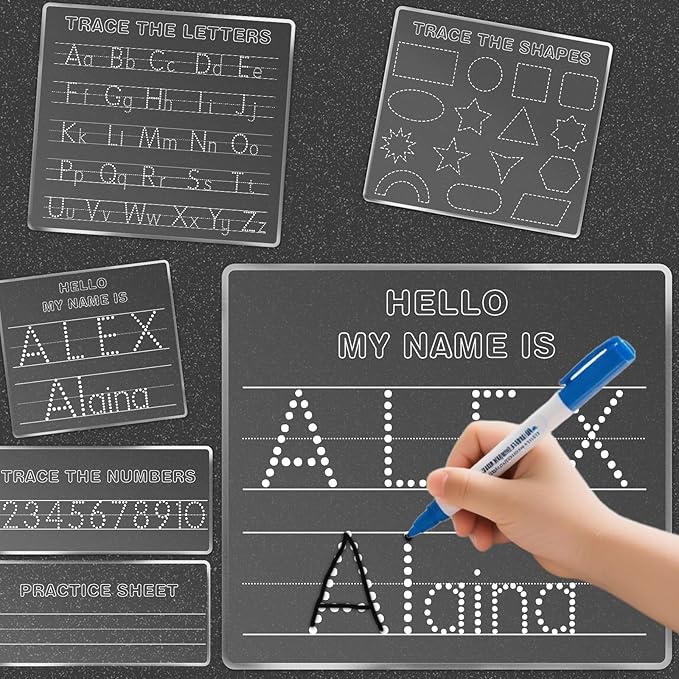 Personalized Name Practice Trace Board Custom Name Tracing Dry Erase Board Customized Rewritable Acrylic Alphabet and Number Handwriting Sign for Boys Girls School 5 * 7 inch