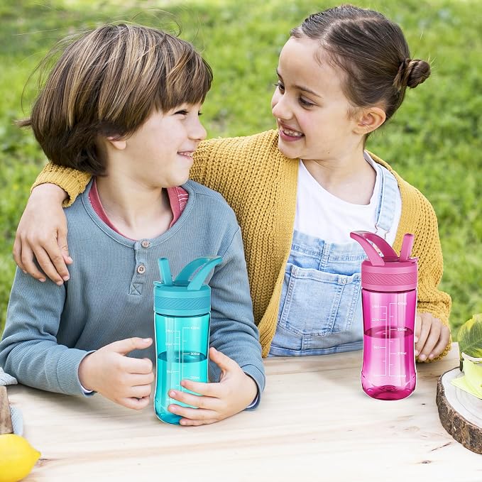 14oz Clear Kids Water Bottle with Straw Lid, BPA-Free Tritan, Measurement Scale, Sturdy Handle Wide Mouth Leak-proof Reusable Plastic Bottle for Boy& Girls, Back to School(Rose)
