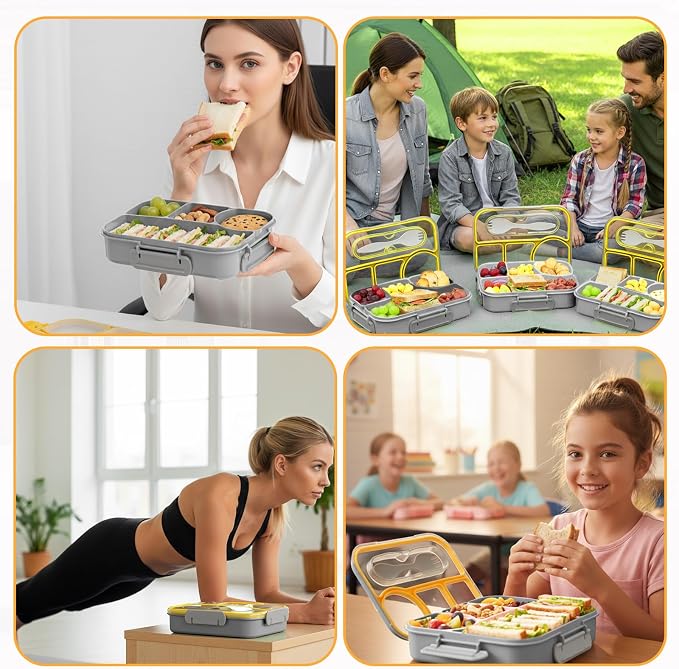 Bento Box for Adults,4 Compartments Lunch Box, Lunch Containers,Grey