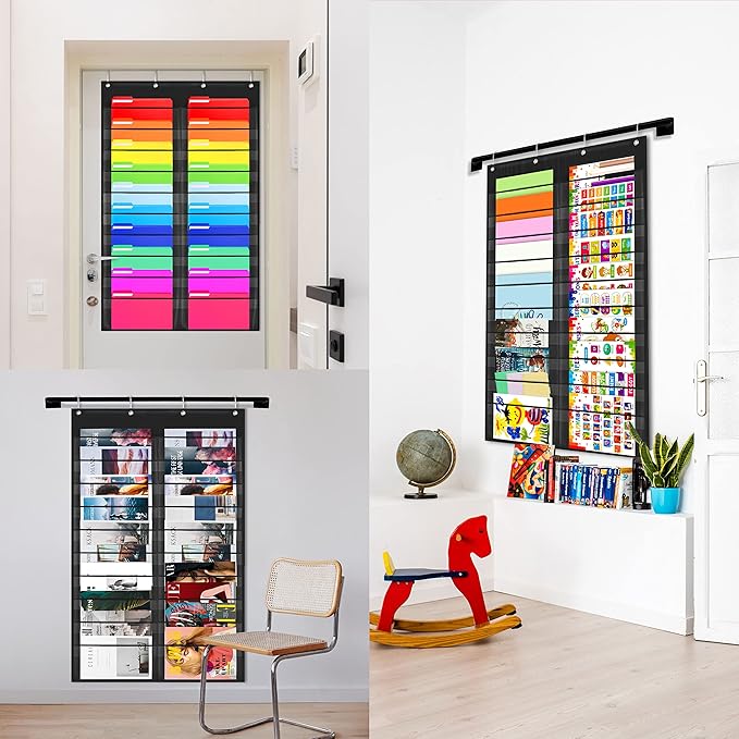 Storage Pocket Chart, Heavy Duty Wall File Organization Folder with 20 Clear File Pockets, 20 Blank Dry-Erase Name Stickers Plus 4 Over Door Hooks for Files, Classroom & Office (Black, 28.5” X 47”)