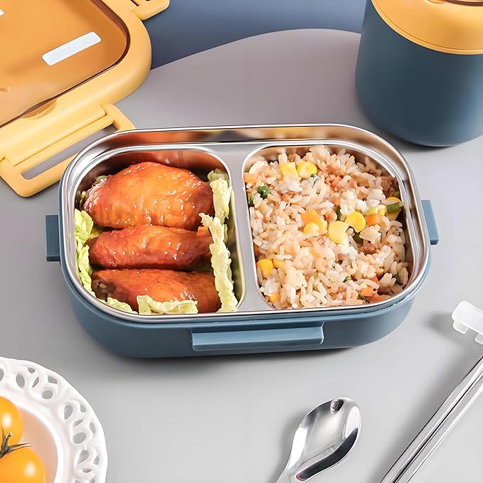 Stainless Steel Lunch Box, 2 Compartment Bento Box for Adults, Easy to Clean, Leak-Proof Design, Food Storage Container with Tableware for Family, Work, Picnics and Travel(800ml, Blue)