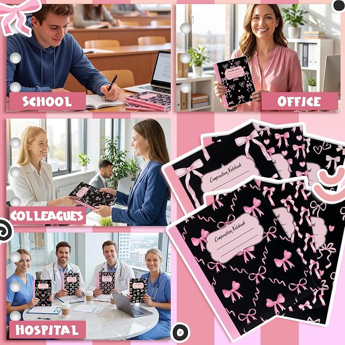Fullhawl 6 Pack Composition Notebook College Ruled Bulk Black Pink Bow Composition Notebook Preppy Aesthetic for Back to School Supplies 110 Pages 9-3/4 x 7-1/2" Journal for First Day of School Office