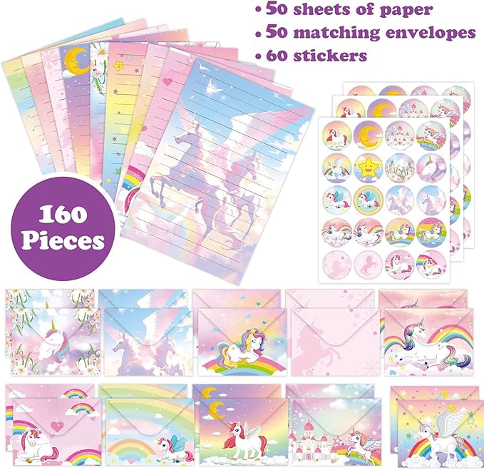 Letter Writing Set - 160 PCS Stationery Set with 50 Letter Papers, 50 Envelopes, 60 Sealing Stickers – Cute Rainbow Unicorn Design for Girls Invitations, Pen Pals, Party Notes, School Supplies