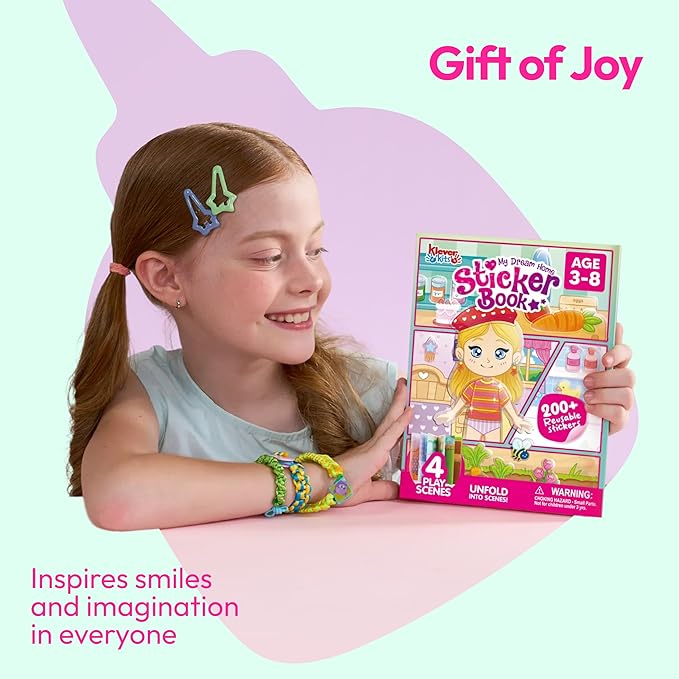 JOVA Klever Kits Reusable Sticker Book for Kids, My Dream Home 4 Play Scenes with 200+ Washable Stickers Plane Activity for Toddler Aged 3 4 5 6 7 8 Girls and Boys Birthday Gift