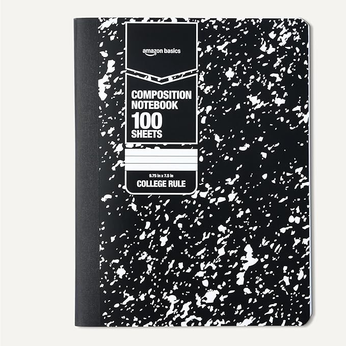 Amazon Basics Composition Notebook, College Ruled, 100 Sheets, 9.75" x 7.5", Marble Black, Sturdy Cover