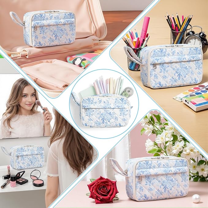 WOBAGMEN Quilted Pencil Pouch for Girls Women, Large Pencil Case Pouch with Compartments Cute Aesthetic Pencil Case Organizer, Floral Pencil Bag for School Supplies (Blue Floral Bow)