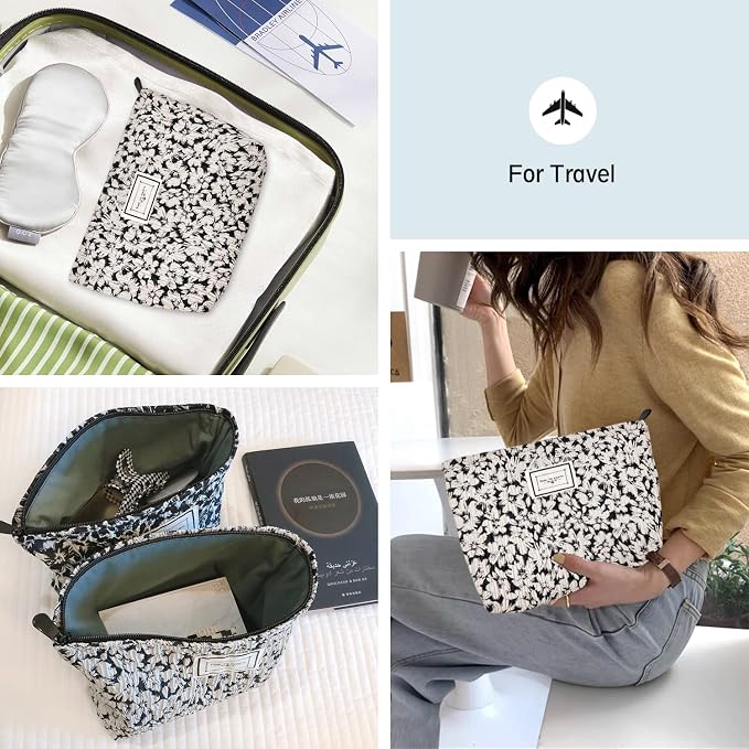 STARDW Aesthetic Floral Makeup Bag Cute Small Cosmetic Bags for Women Girls, Travel Toiletry Bag Large Capacity Zipper Makeup Pouch, Purse Organizer Pouches (White Flowers)